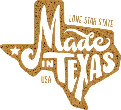 Hình in bản đồ bang Texas màu vàng nâu với chữ 'Made in Texas' phong cách vintage, kèm dòng chữ 'Lone Star State' và 'USA'.