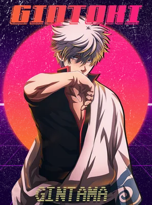 Hình vẽ nhân vật Gintoki Sakata từ anime Gintama, phong cách retro, với nền màu tím và hồng.