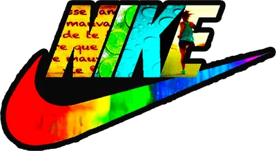 Logo Nike với hiệu ứng cầu vồng, bên trong có hình ảnh người đang chạy bộ và các họa tiết khác.