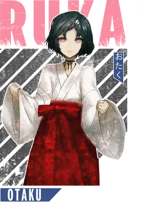 Hình ảnh cô gái anime tóc ngắn, mắt tím, mặc kimono trắng và đỏ, có chữ "OTAKU" và chữ Nhật.