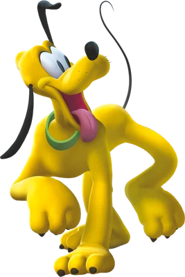 Hình ảnh chú chó Pluto màu vàng của Disney đang lè lưỡi, tai đen dài, vòng cổ xanh lá, trên nền xám.