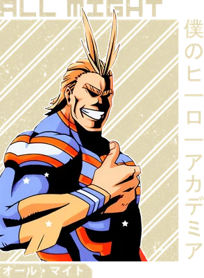 Hình vẽ All Might từ My Hero Academia, cười tươi, giơ ngón cái, trang phục xanh đỏ, có chữ tiếng Nhật.