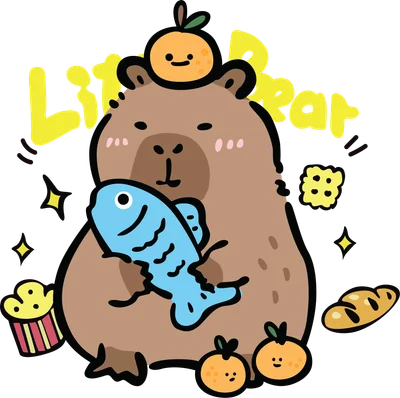 Hình vẽ hoạt hình chú chuột lang nước Capybara màu nâu đáng yêu ôm cá xanh, đội cam trên đầu, cùng bánh và trái cây.
