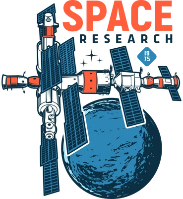 Hình minh họa trạm vũ trụ không gian với các tấm pin mặt trời, hành tinh xanh và chữ 'SPACE RESEARCH 1975' trên nền xám.