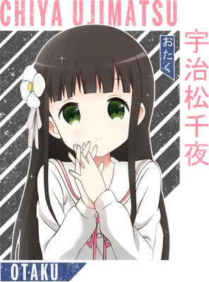 Hình ảnh cô gái anime với mái tóc đen dài, mắt xanh lá, cài hoa trắng và đeo nơ hồng, mặc áo trắng viền hồng.