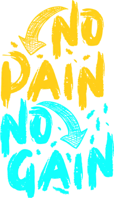 Hình ảnh chữ 'No Pain No Gain' màu vàng và xanh dương nổi bật trên nền xám, có mũi tên vẽ tay.