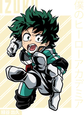 Hình vẽ nhân vật Izuku Midoriya (Deku) từ anime My Hero Academia, đang trong tư thế hành động với biểu cảm quyết tâm.