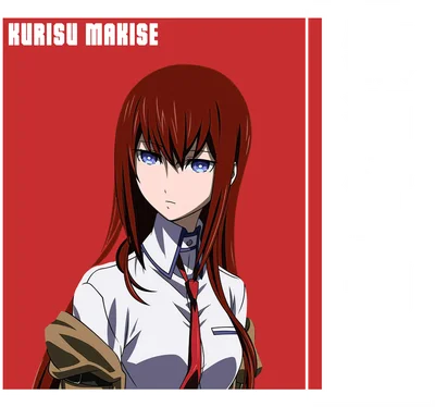 Hình ảnh nhân vật anime Kurisu Makise tóc đỏ, mắt xanh, mặc áo sơ mi trắng và cà vạt đỏ.