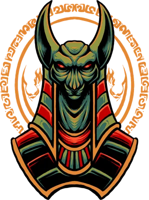 Hình minh họa Anubis, thần chết Ai Cập cổ đại đầu chó rừng với mắt đỏ rực, trang phục màu xanh lá, đỏ, vàng trên nền xám có hoa văn tròn.