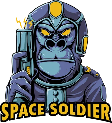 Hình ảnh minh họa khỉ đội mũ phi hành gia, mặc áo giáp, cầm súng laser, với chữ 'SPACE SOLDIER' bên dưới.