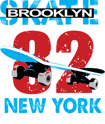 Hình ảnh đồ họa skateboard màu xanh, đen, trắng trên nền số 82 đỏ, kèm chữ Brooklyn New York phong cách đường phố.