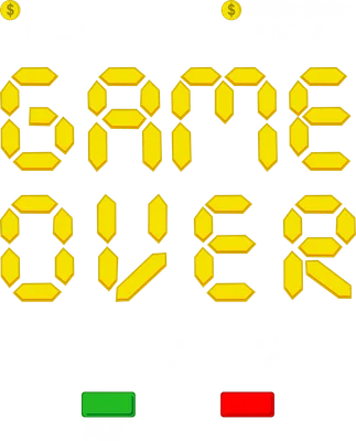Màn hình game over với chữ Game Over pixel art màu vàng, biểu tượng trái tim và nút Play/Exit.