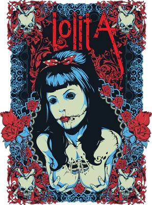 Hình ảnh minh họa búp bê Lolita với phong cách gothic, trang trí hoa hồng đỏ, đầu lâu và xương chéo.