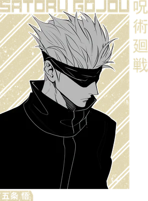 Hình vẽ Satoru Gojo, nhân vật anime Jujutsu Kaisen, đeo băng mắt, tóc trắng, mặc áo đen, phong cách cool ngầu.