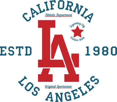 Logo LA màu đỏ với viền trắng, chữ California và Los Angeles màu xanh, phong cách thể thao cổ điển trên nền xám.