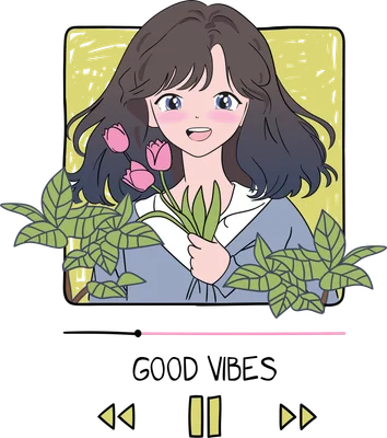 Hình vẽ anime cô gái trẻ với mái tóc nâu, mắt xanh, má hồng, cầm bó hoa tulip màu hồng, xung quanh có lá cây xanh.