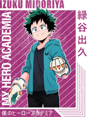 Hình vẽ Izuku Midoriya, nhân vật chính của My Hero Academia, mặc áo hoodie xanh và găng tay đặc trưng.