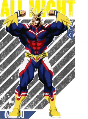 Nhân vật All Might trong trang phục anh hùng màu xanh, đỏ, trắng, vàng, khoe cơ bắp.
