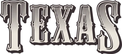 Chữ 'TEXAS' in đậm, phong cách vintage, màu kem và nâu, viền đen, nền xám.