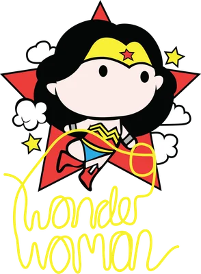 Hình ảnh chibi Wonder Woman bay lượn với vòng lasso vàng, có chữ 'Wonder Woman' bên dưới.
