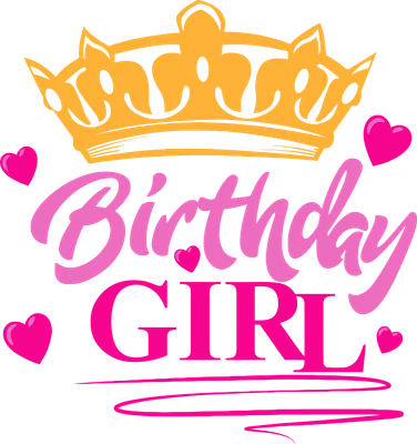 Hình ảnh "Birthday Girl" với vương miện vàng và trái tim hồng, phong cách dễ thương.