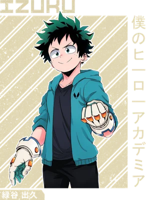 Nhân vật anime Izuku Midoriya với mái tóc xanh lá, mặc áo hoodie xanh dương, cười tươi.