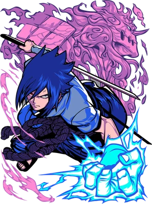 Hình vẽ Sasuke Uchiha trong Naruto với Sharingan và Susanoo màu hồng rực lửa, tay trái phát ra tia sét xanh.