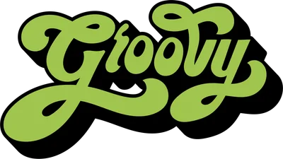 Chữ "Groovy" viết tay màu xanh lá cây nổi bật với bóng đen, phong cách retro.
