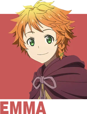 Hình ảnh cô bé Emma tóc vàng mắt xanh lá, mặc áo choàng tím, phong cách anime.
