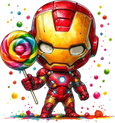 Hình ảnh Iron Man phiên bản chibi dễ thương cầm kẹo mút cầu vồng, xung quanh có các hạt màu sắc rực rỡ.