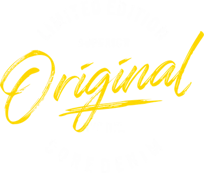 Hình ảnh typography với chữ Original màu vàng nổi bật, kèm các dòng chữ Limited Edition, Superior, NYC Div., Core Denim trên nền xám.