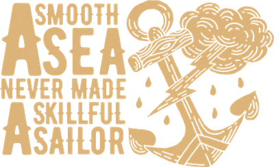 Hình ảnh minh họa neo tàu với mây bão, sấm sét và mưa, cùng câu nói "A smooth sea never made a skillful sailor".