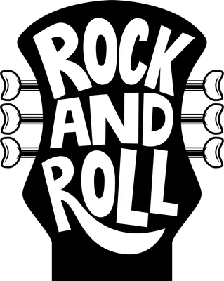 Hình ảnh chữ Rock and Roll cách điệu trên nền đen hình đầu đàn guitar, có chi tiết dây đàn.