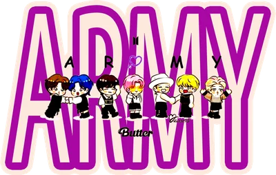 Hình in chuyển nhiệt nhóm nhạc BTS phiên bản chibi với chữ "ARMY Butter" màu tím.