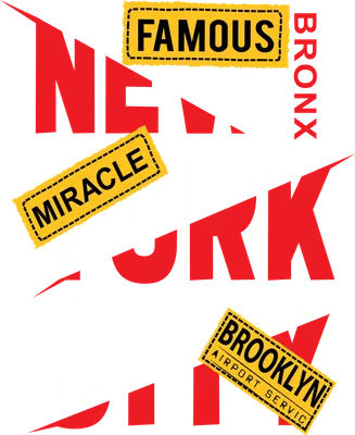 Thiết kế đồ họa chữ 'NEW YORK CITY' lớn màu trắng và đỏ, với các nhãn dán vàng 'FAMOUS', 'MIRACLE', 'BRONX', 'BROOKLYN AIRPORT SERVIC' trên nền xám.