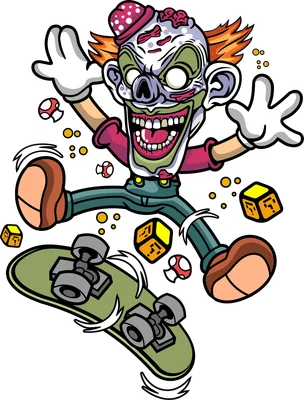 Hình minh họa chú hề zombie đáng sợ đang trượt ván phong cách hoạt hình