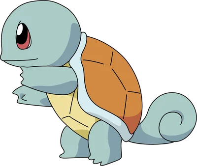 Hình ảnh nhân vật Pokémon Squirtle màu xanh dương nhạt với mai rùa màu cam và bụng vàng, đứng nghiêng.