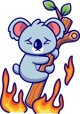 Hình vẽ gấu koala màu xám xanh đang ôm cây gỗ, xung quanh có lửa bùng cháy, biểu cảm buồn bã.