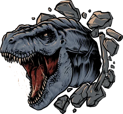 Hình ảnh minh họa khủng long bạo chúa T-Rex với hàm răng sắc nhọn đang gầm thét, phá vỡ các khối đá.