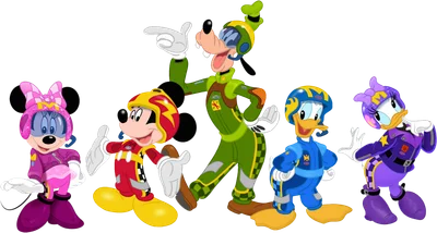 Hình ảnh hoạt hình Mickey, Minnie, Donald, Daisy và Goofy trong trang phục đua xe đầy màu sắc, tạo dáng vui vẻ trên nền xám.