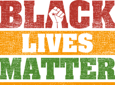 Hình ảnh "Black Lives Matter" với nắm đấm giơ cao, nền xám, chữ đỏ, vàng, xanh lá.