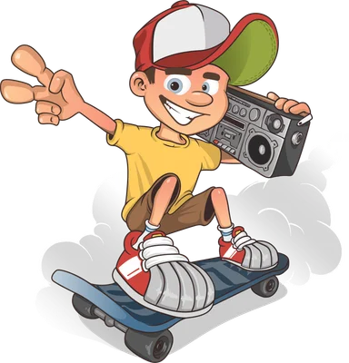 Cậu bé hoạt hình đội mũ lưỡi trai, trượt ván và cầm đài radio phong cách hiphop