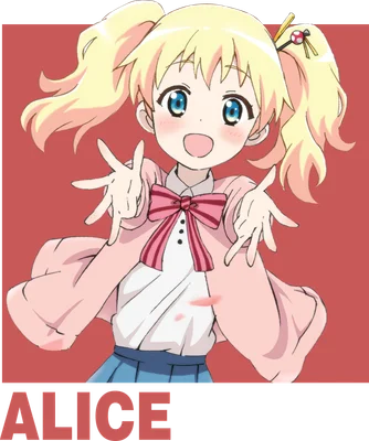 Nhân vật anime Alice tóc vàng cột hai bên với nơ hồng, phong cách hoạt hình Nhật Bản