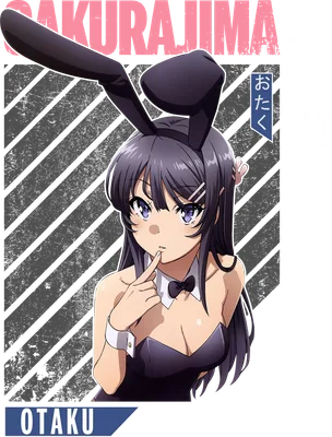 Hình ảnh cô gái anime tóc đen dài mặc trang phục tai thỏ màu tím, đeo nơ, có chữ "SAKURAJIMA" và "OTAKU"