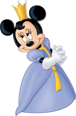 Minnie Mouse hoạt hình mặc váy công chúa màu tím nhạt, đội vương miện vàng, tay chắp trước ngực, trên nền xám.
