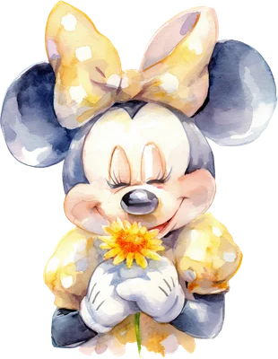 Hình ảnh Minnie Mouse hoạt hình phong cách màu nước, đôi mắt nhắm lại mỉm cười ôm bông hoa vàng