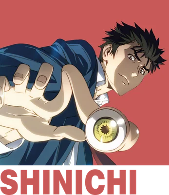Hình ảnh nhân vật anime Shinichi với ánh mắt sắc sảo, tay cầm một nhãn cầu, trên nền đỏ.