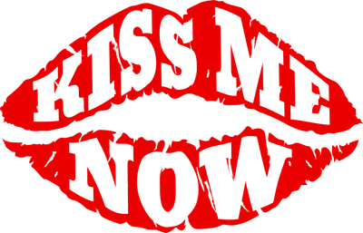 Hình ảnh đôi môi đỏ với dòng chữ "Kiss Me Now" cách điệu, phong cách nổi loạn.