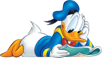 Hình ảnh hoạt hình Vịt Donald nằm sấp, đội mũ xanh, đang đọc một cuốn sách màu xanh lá cây trên nền xám.