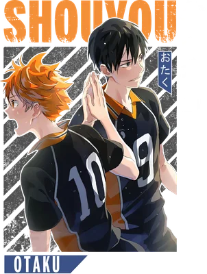 Hình ảnh hai nhân vật anime Hinata Shoyo và Kageyama Tobio từ Haikyuu!!, mặc áo đấu số 10 và 9, tay chạm nhau.